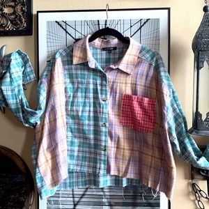 Paper moo. Med cot, plaid patch wk raw edge